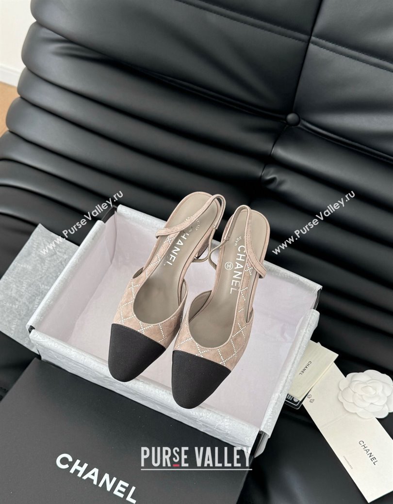 Chanel Quilted Suede Grosgrain Slingback Pumps 6.5cm with Studs G31318 Beige Grey 2024 (MD-250103084)