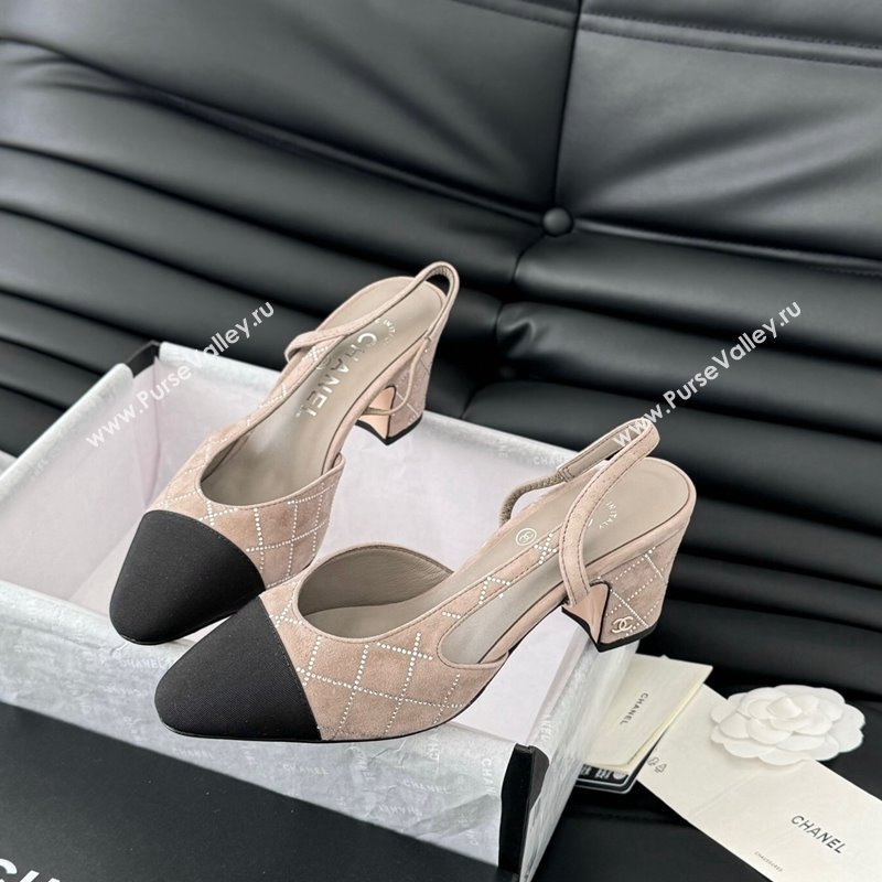 Chanel Quilted Suede Grosgrain Slingback Pumps 6.5cm with Studs G31318 Beige Grey 2024 (MD-250103084)