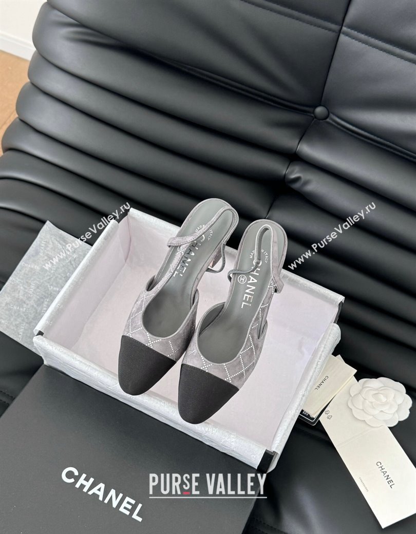 Chanel Quilted Suede Grosgrain Slingback Pumps 6.5cm with Studs G31318 Dark Grey 2024 (MD-250103085)