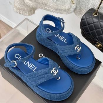 Chanel Chevron Denim Platform Thong Sandals 4.5cm Blue 2024 G46108 (MD-250102123)