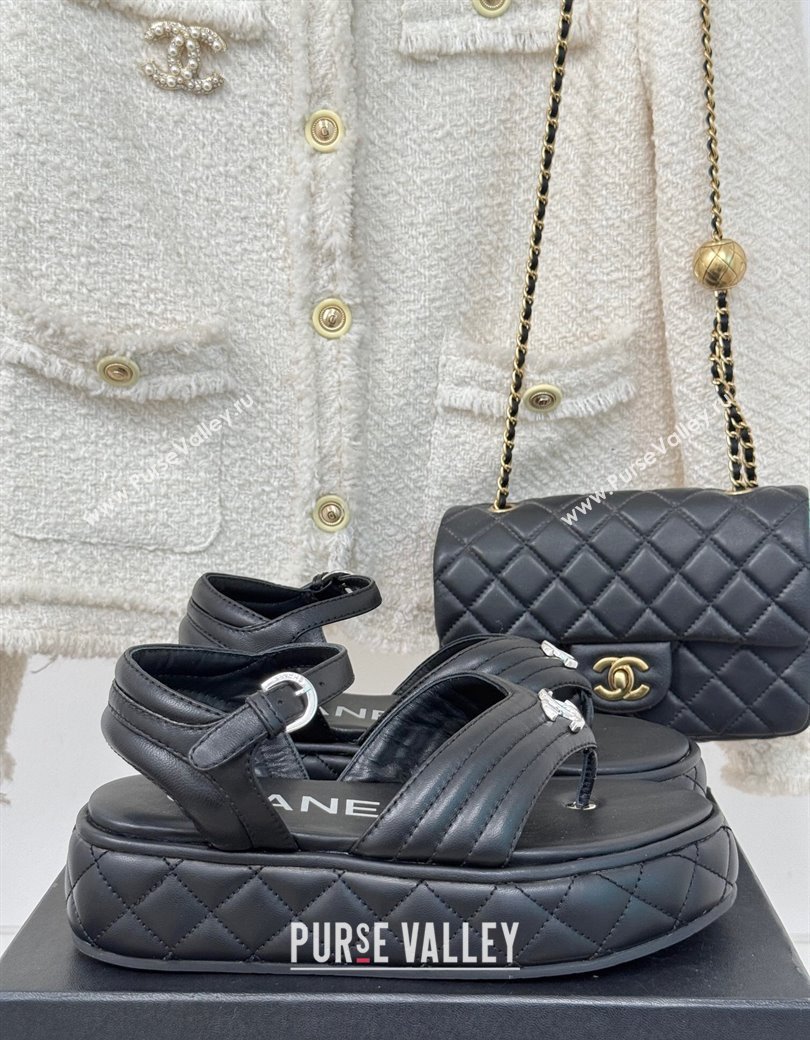 Chanel Chevron Lambskin Platform Thong Sandals 4.5cm Black 2024 G46108 (MD-250102124)