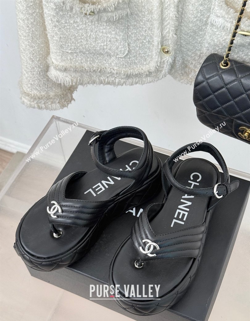 Chanel Chevron Lambskin Platform Thong Sandals 4.5cm Black 2024 G46108 (MD-250102124)