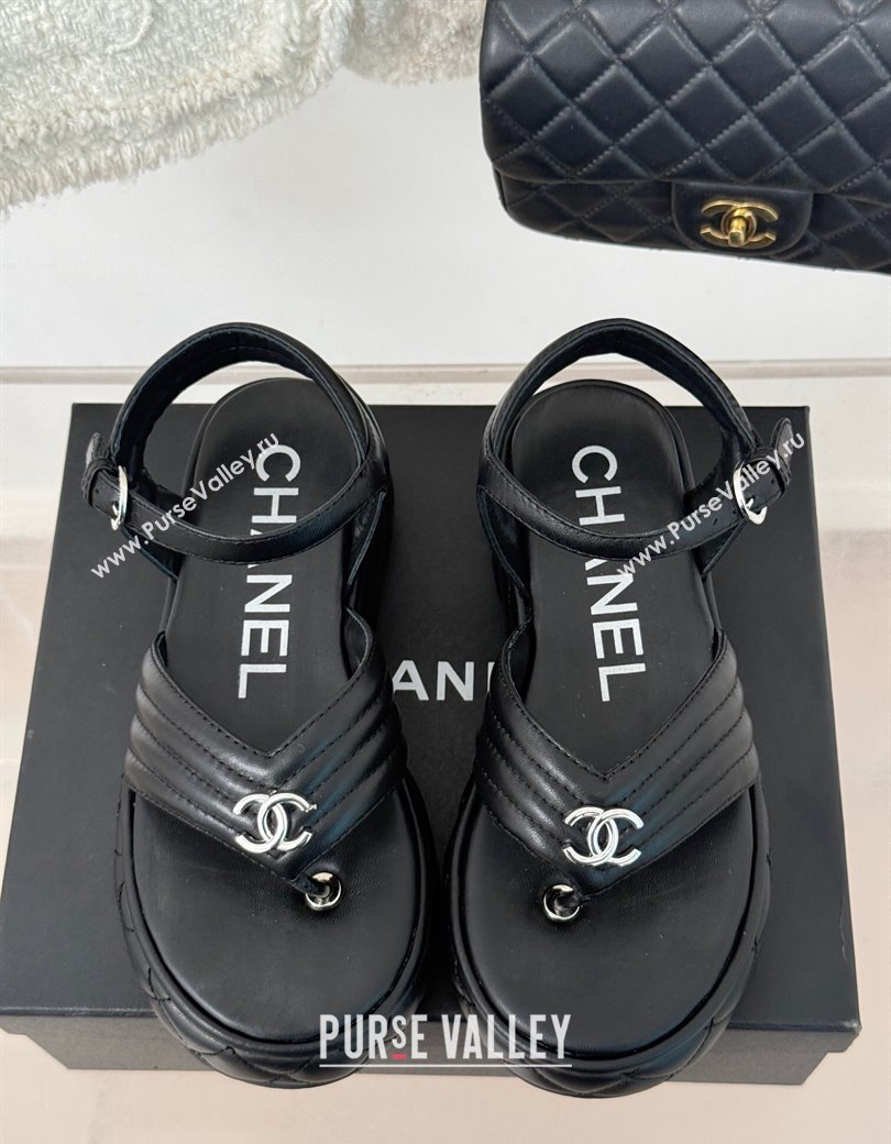 Chanel Chevron Lambskin Platform Thong Sandals 4.5cm Black 2024 G46108 (MD-250102124)