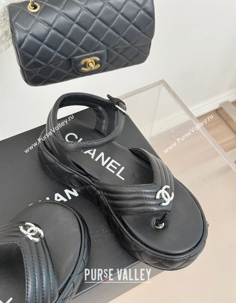 Chanel Chevron Lambskin Platform Thong Sandals 4.5cm Black 2024 G46108 (MD-250102124)