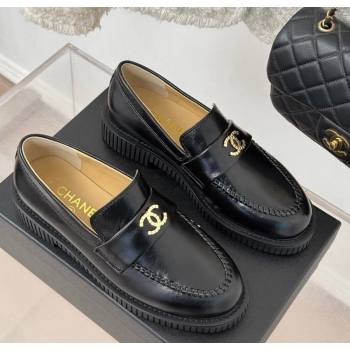 Chanel Shiny Calfskin Leather Loafers with Metal-Tone CC G46112 Black 2024 (MD-250103016)