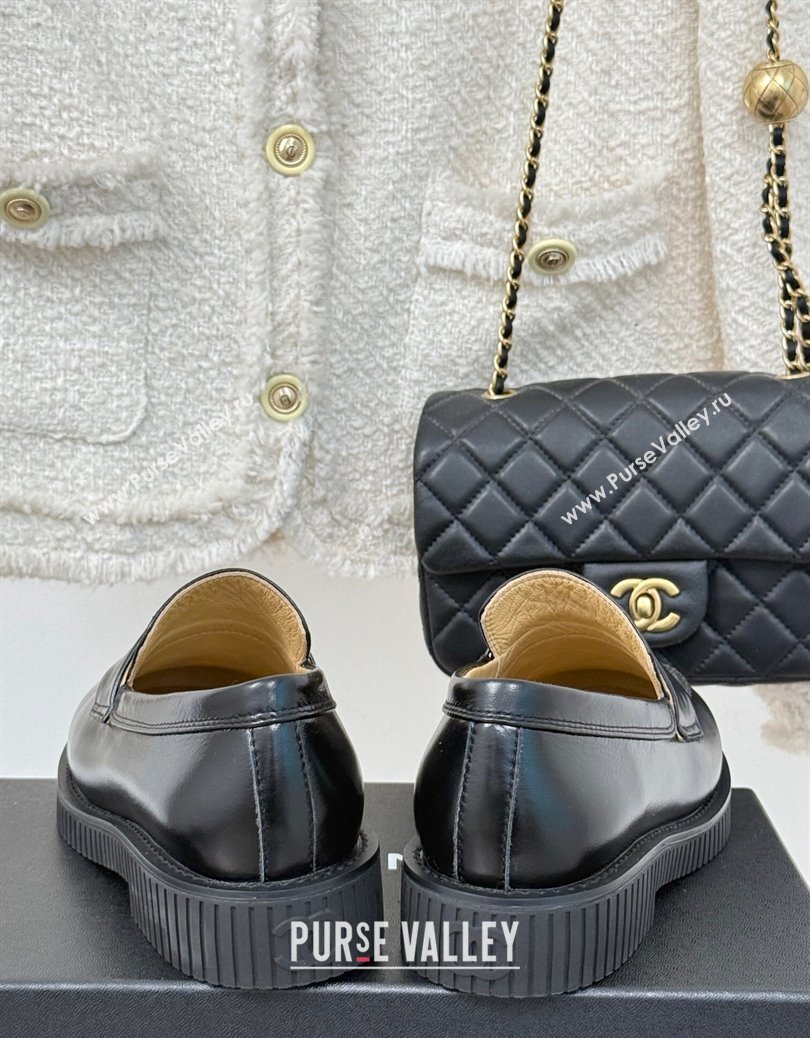 Chanel Shiny Calfskin Leather Loafers with Metal-Tone CC G46112 Black 2024 (MD-250103016)