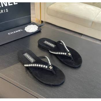 Chanel Suede Flat Thong Slide Sandals with Pearls G46205 Black 2024 (MD-240102051)