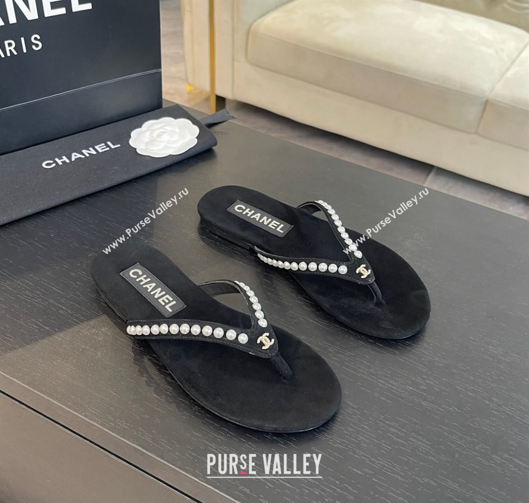 Chanel Suede Flat Thong Slide Sandals with Pearls G46205 Black 2024 (MD-240102051)