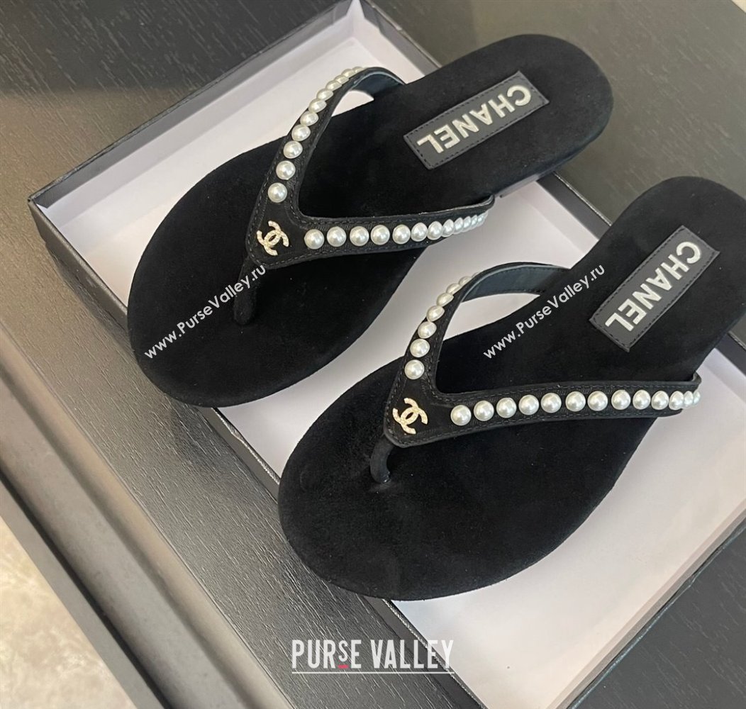 Chanel Suede Flat Thong Slide Sandals with Pearls G46205 Black 2024 (MD-240102051)