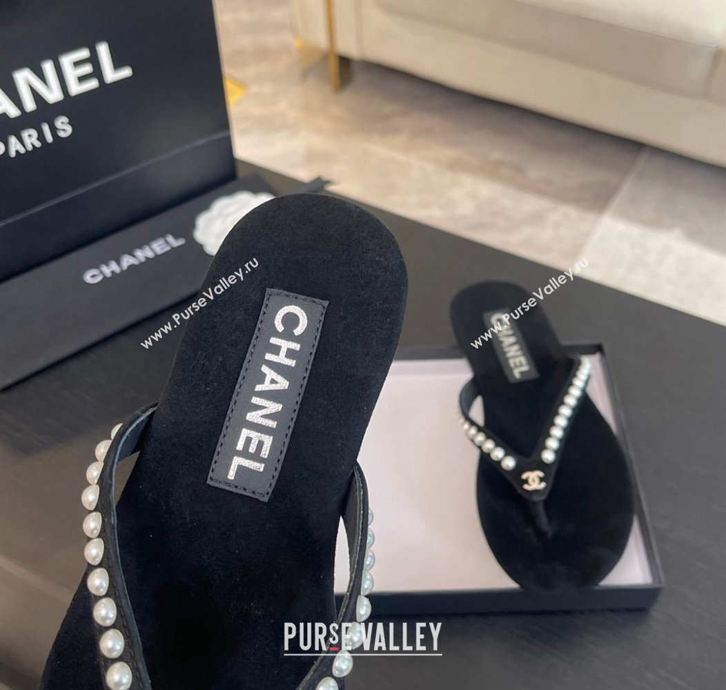 Chanel Suede Flat Thong Slide Sandals with Pearls G46205 Black 2024 (MD-240102051)