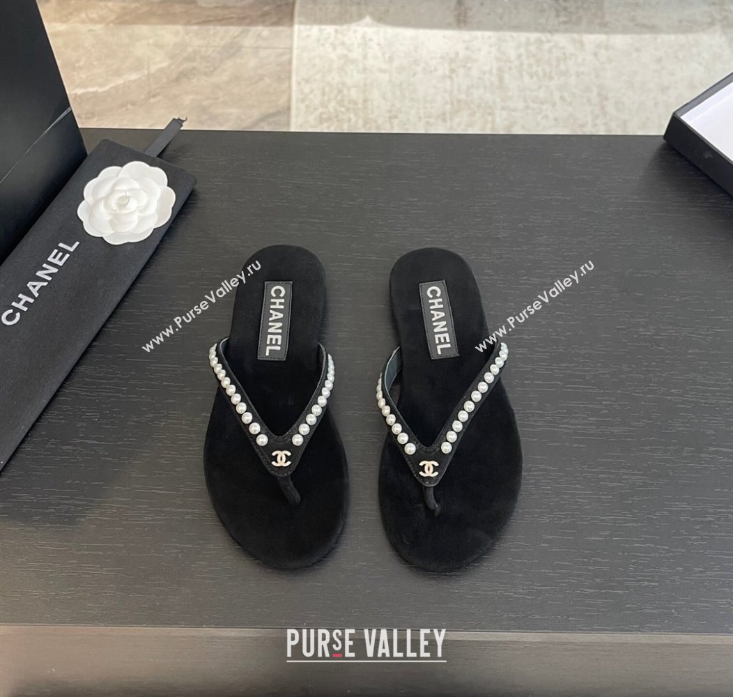 Chanel Suede Flat Thong Slide Sandals with Pearls G46205 Black 2024 (MD-240102051)