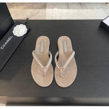 Chanel Suede Flat Thong Slide Sandals with Pearls G46205 Khaki Grey 2024 (MD-240102052)