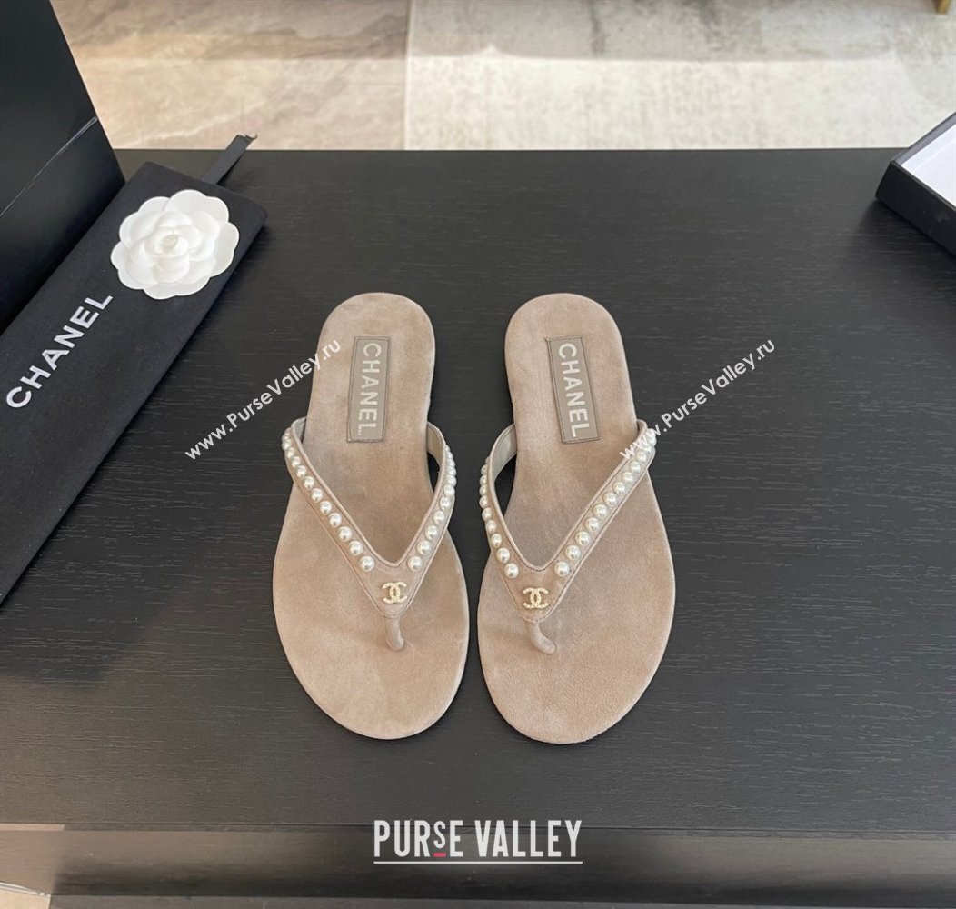 Chanel Suede Flat Thong Slide Sandals with Pearls G46205 Khaki Grey 2024 (MD-240102052)