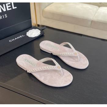 Chanel Suede Flat Thong Slide Sandals with Pearls G46205 Purple Grey 2024 (MD-240102053)