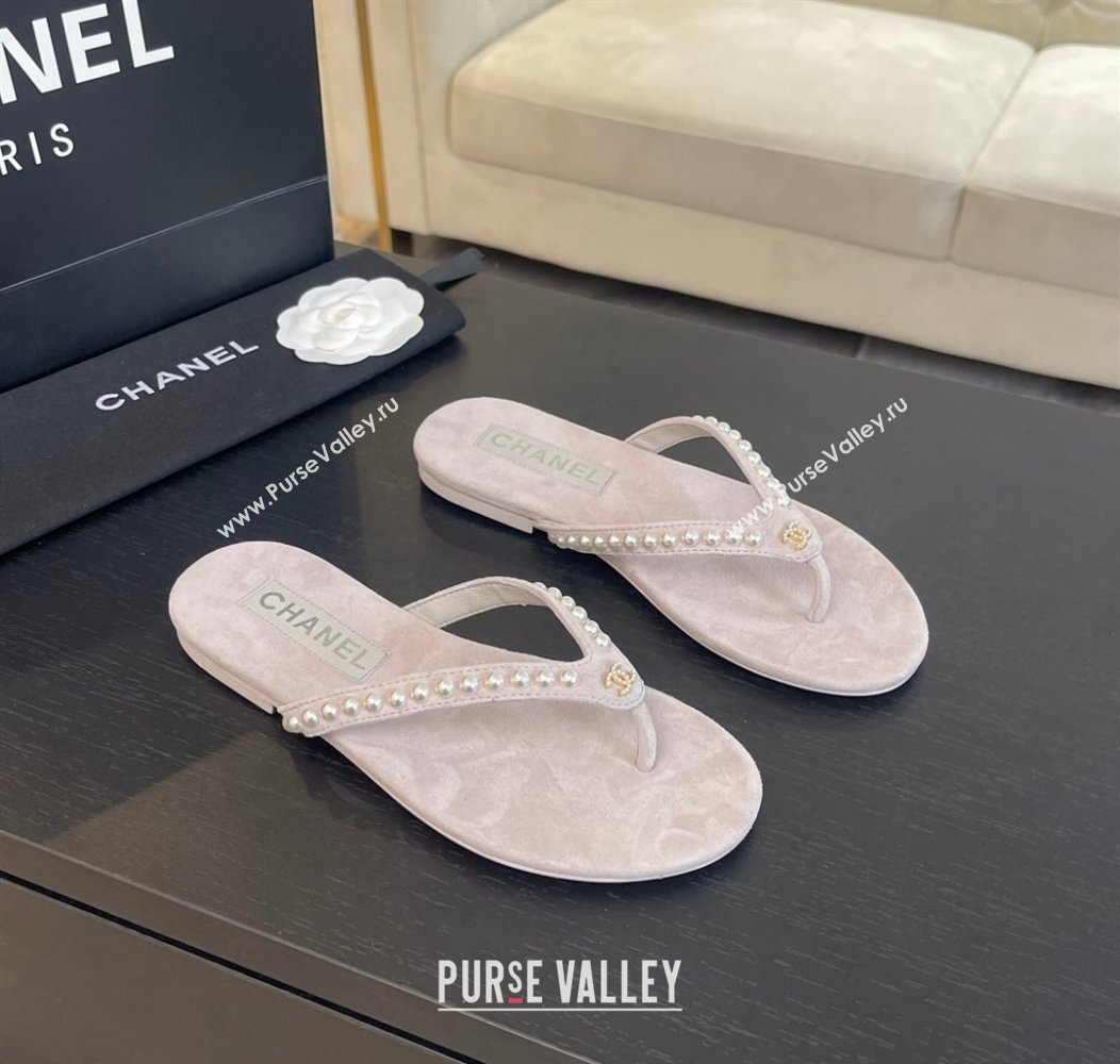 Chanel Suede Flat Thong Slide Sandals with Pearls G46205 Purple Grey 2024 (MD-240102053)