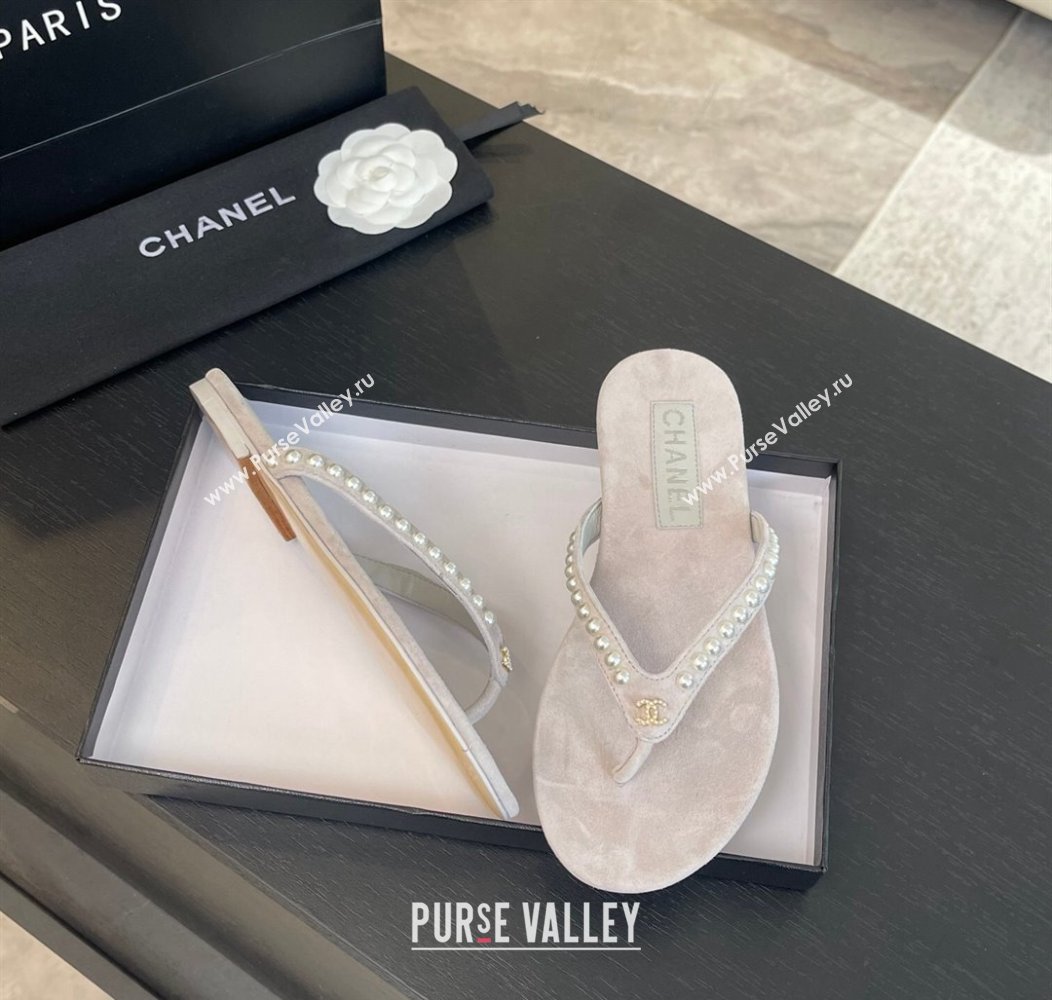 Chanel Suede Flat Thong Slide Sandals with Pearls G46205 Purple Grey 2024 (MD-240102053)