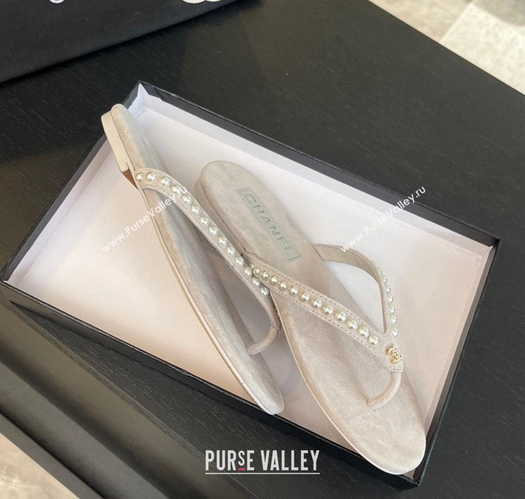 Chanel Suede Flat Thong Slide Sandals with Pearls G46205 Purple Grey 2024 (MD-240102053)