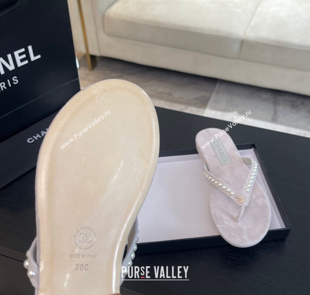 Chanel Suede Flat Thong Slide Sandals with Pearls G46205 Purple Grey 2024 (MD-240102053)