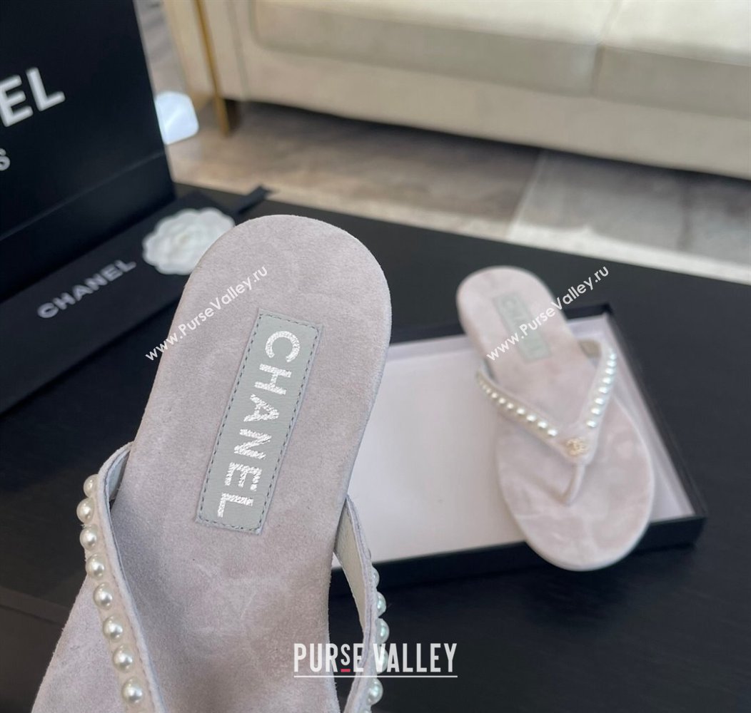 Chanel Suede Flat Thong Slide Sandals with Pearls G46205 Purple Grey 2024 (MD-240102053)