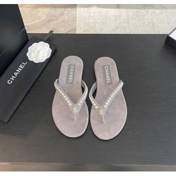 Chanel Suede Flat Thong Slide Sandals with Pearls G46205 Dark Grey 2024 (MD-240102054)