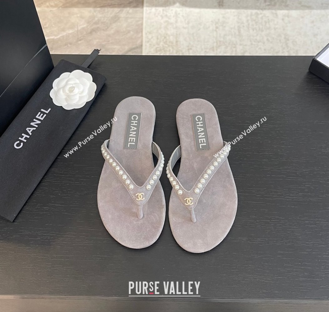 Chanel Suede Flat Thong Slide Sandals with Pearls G46205 Dark Grey 2024 (MD-240102054)