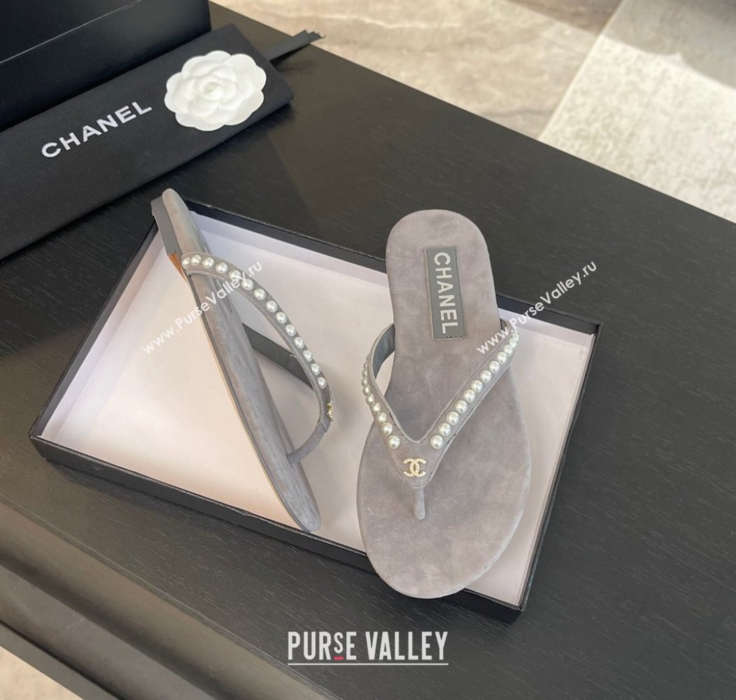 Chanel Suede Flat Thong Slide Sandals with Pearls G46205 Dark Grey 2024 (MD-240102054)