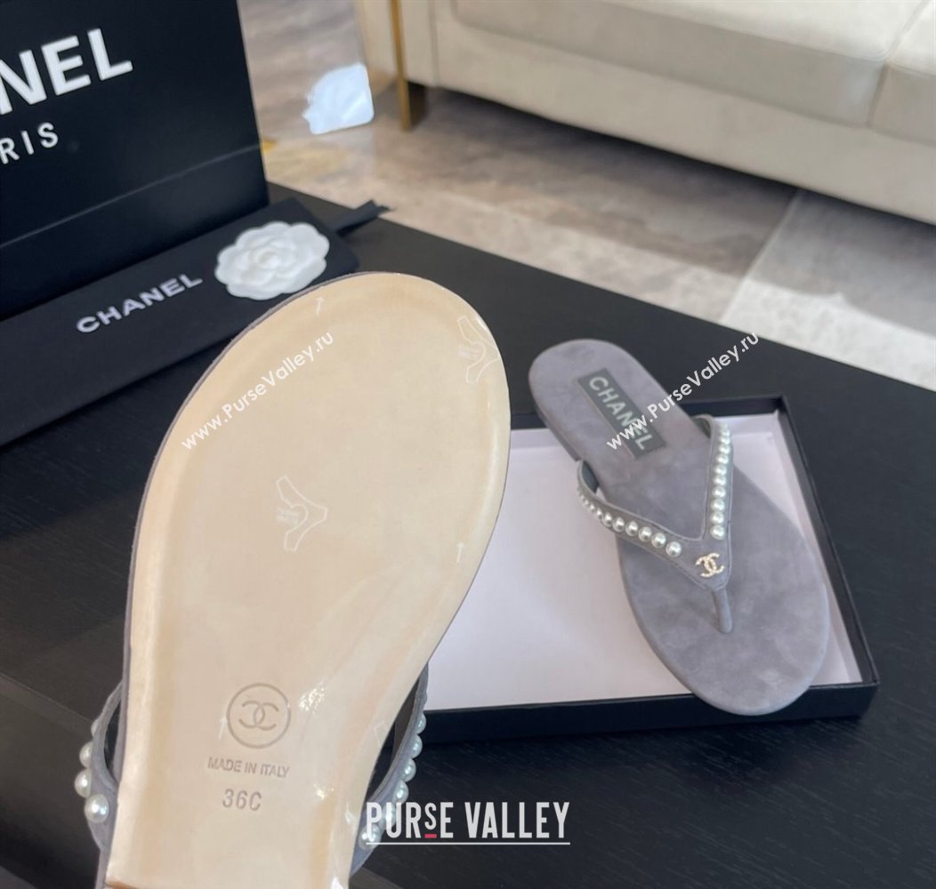 Chanel Suede Flat Thong Slide Sandals with Pearls G46205 Dark Grey 2024 (MD-240102054)