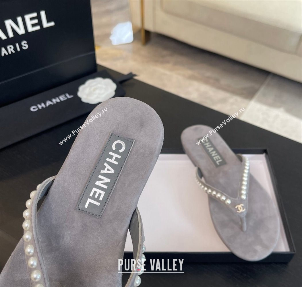 Chanel Suede Flat Thong Slide Sandals with Pearls G46205 Dark Grey 2024 (MD-240102054)