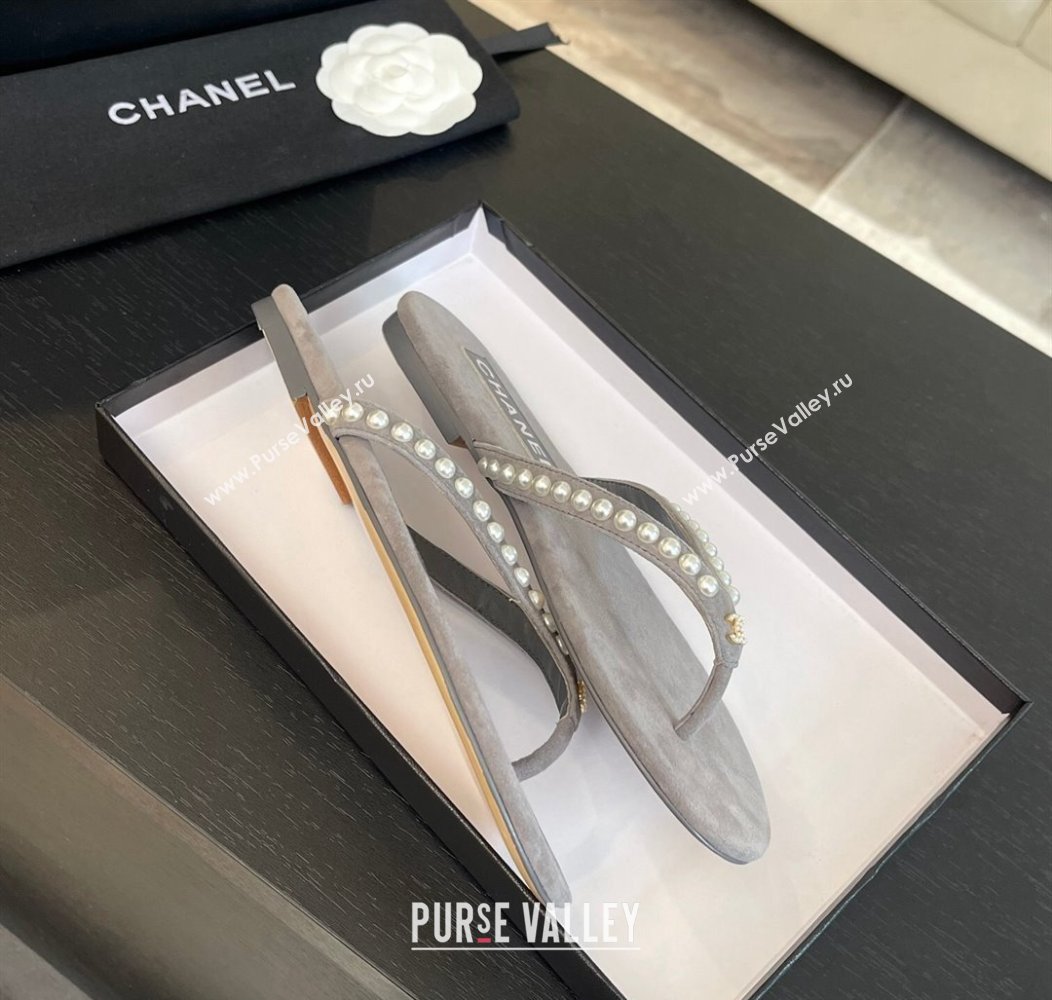 Chanel Suede Flat Thong Slide Sandals with Pearls G46205 Dark Grey 2024 (MD-240102054)