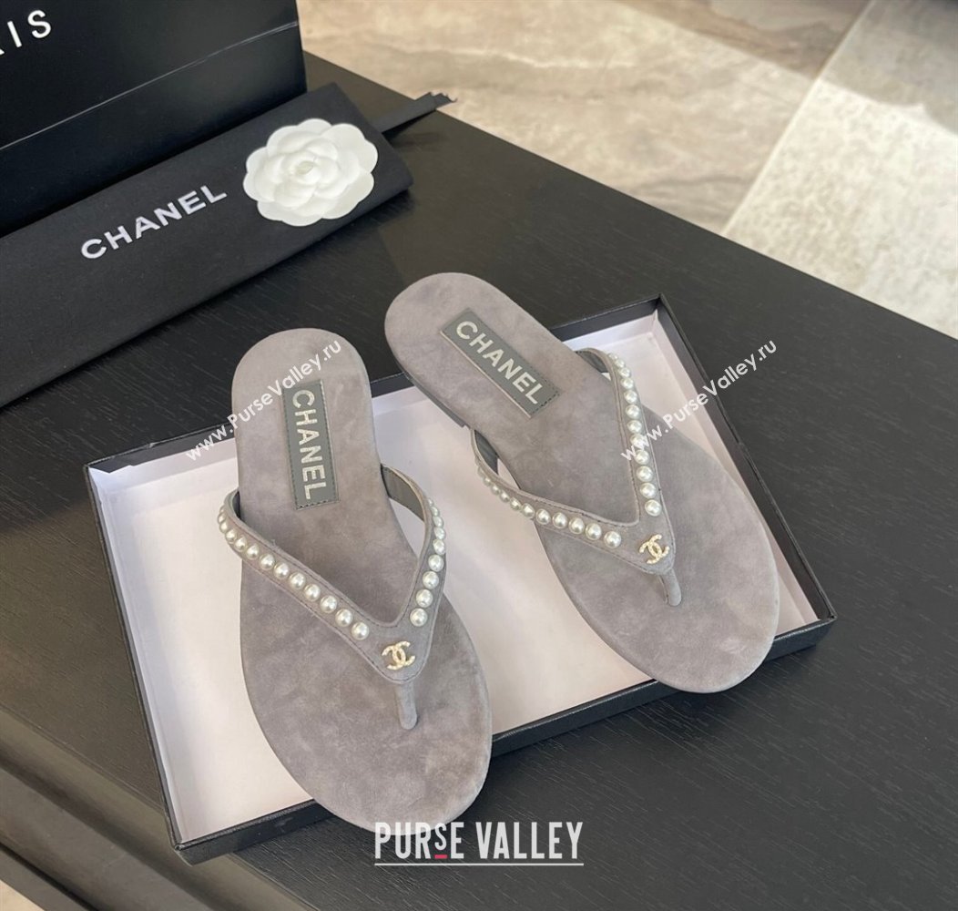 Chanel Suede Flat Thong Slide Sandals with Pearls G46205 Dark Grey 2024 (MD-240102054)