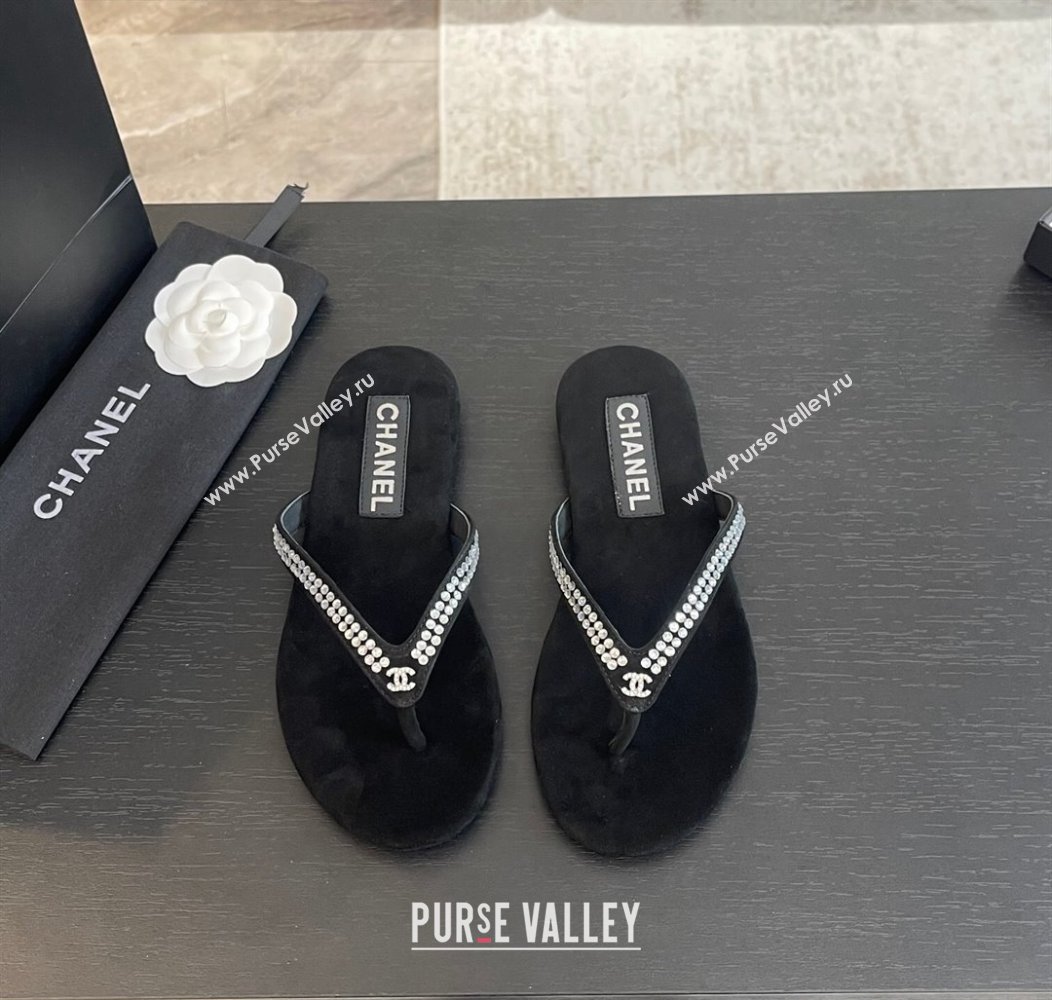 Chanel Suede Flat Thong Slide Sandals with Strass G46205 Black 2024 (MD-240102057)