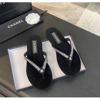 Chanel Suede Flat Thong Slide Sandals with Strass G46205 Black 2024 (MD-240102057)