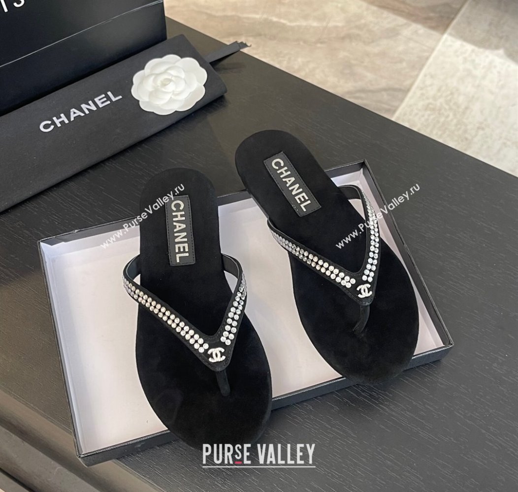 Chanel Suede Flat Thong Slide Sandals with Strass G46205 Black 2024 (MD-240102057)