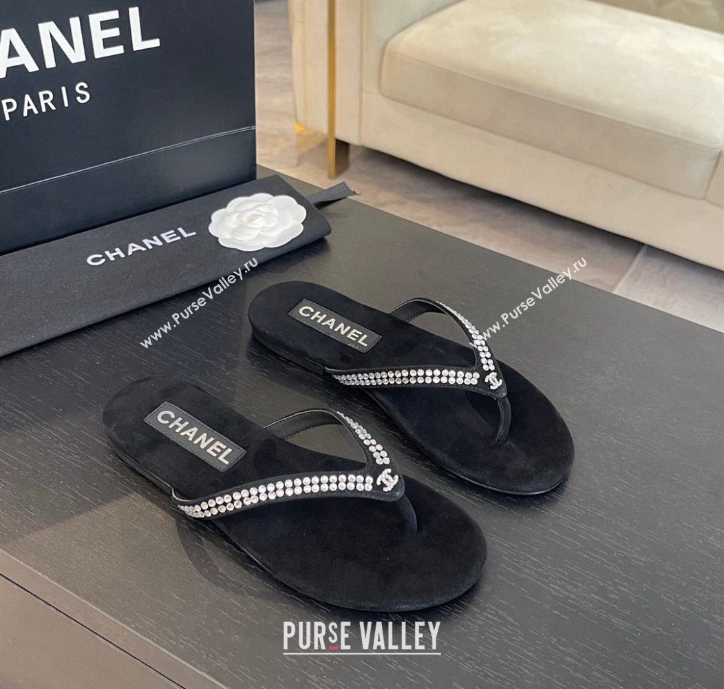 Chanel Suede Flat Thong Slide Sandals with Strass G46205 Black 2024 (MD-240102057)