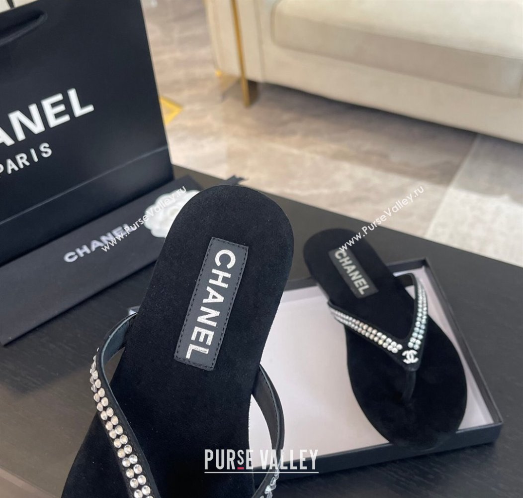 Chanel Suede Flat Thong Slide Sandals with Strass G46205 Black 2024 (MD-240102057)