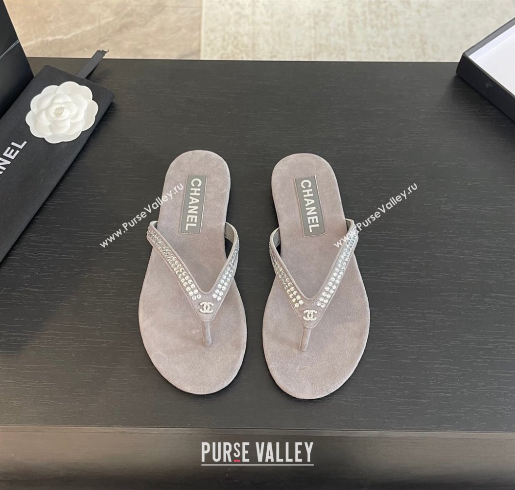 Chanel Suede Flat Thong Slide Sandals with Strass G46205 Dark Grey 2024 (MD-240102058)