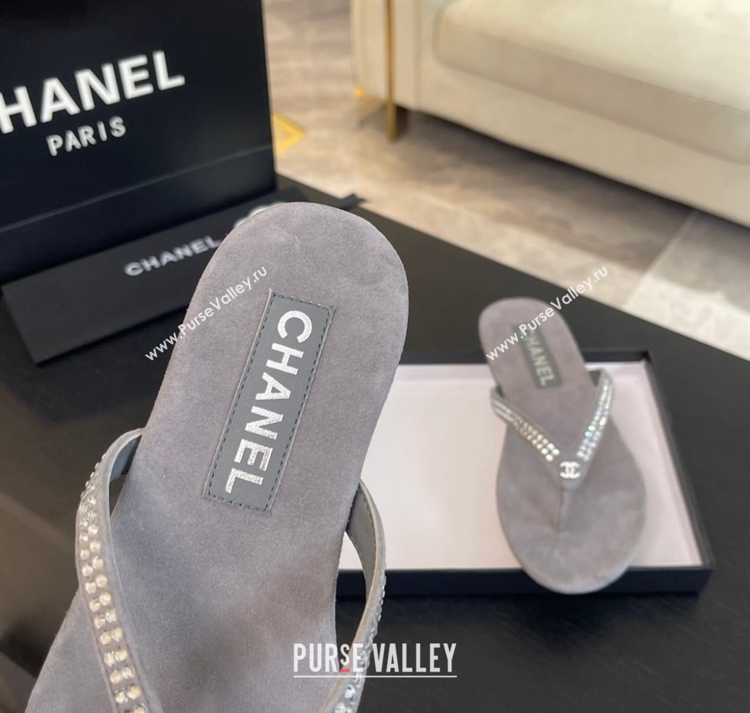 Chanel Suede Flat Thong Slide Sandals with Strass G46205 Dark Grey 2024 (MD-240102058)