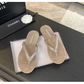 Chanel Suede Flat Thong Slide Sandals with Strass G46205 Khaki Grey 2024 (MD-240102059)