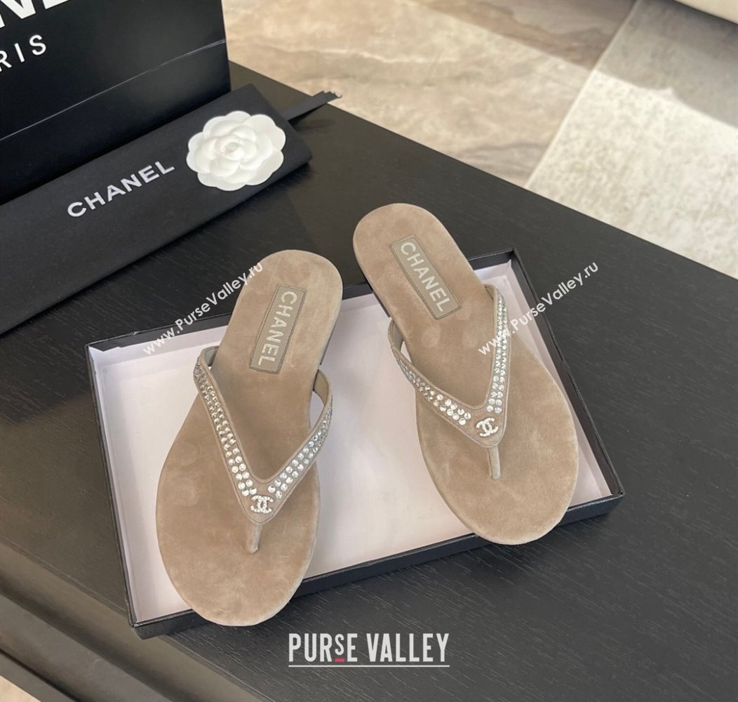 Chanel Suede Flat Thong Slide Sandals with Strass G46205 Khaki Grey 2024 (MD-240102059)