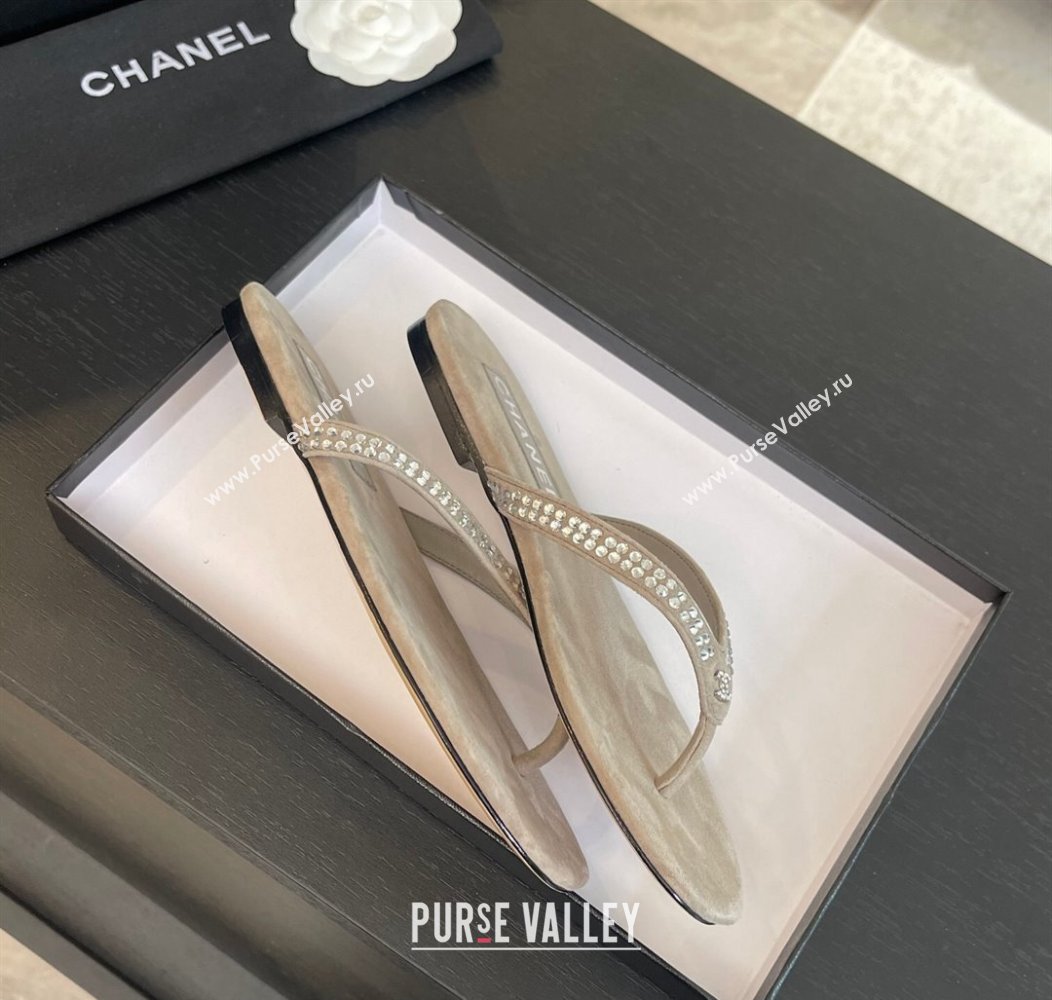 Chanel Suede Flat Thong Slide Sandals with Strass G46205 Khaki Grey 2024 (MD-240102059)