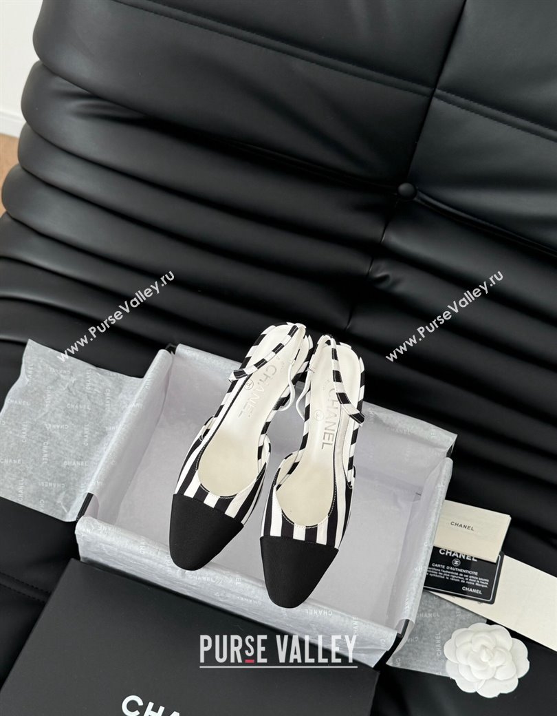 Chanel Striped Fabric Grosgrain Slingback Pumps 6.5cm with Studs G31318 Black/White 2024 0103 (MD-250103107)