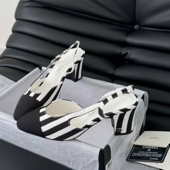 Chanel Striped Fabric Grosgrain Slingback Pumps 6.5cm with Studs G31318 Black/White 2024 0103 (MD-250103107)