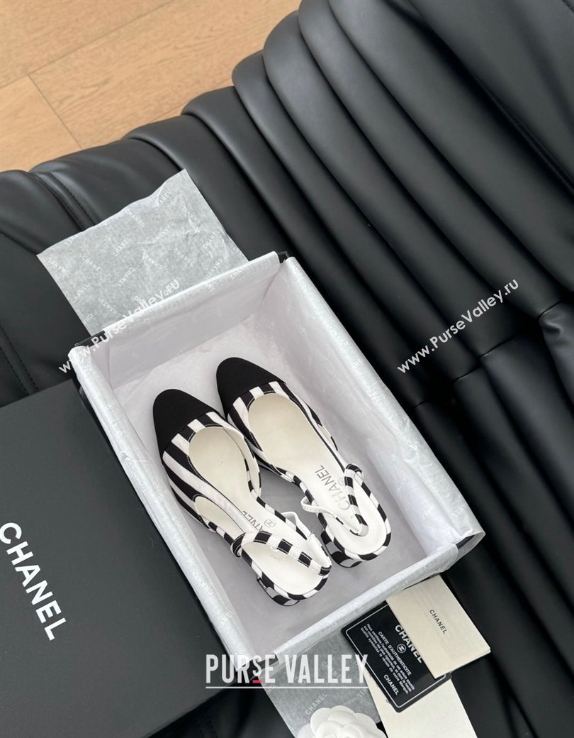 Chanel Striped Fabric Grosgrain Slingback Pumps 6.5cm with Studs G31318 Black/White 2024 0103 (MD-250103107)