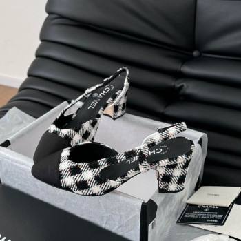 Chanel Check Fabric Grosgrain Slingback Pumps 6.5cm with Studs G31318 Black/White 2024 0103 (MD-250103108)