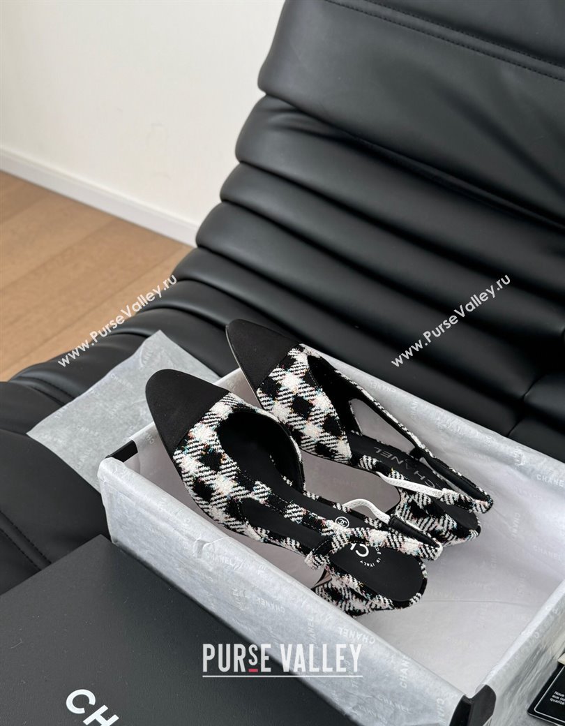 Chanel Check Fabric Grosgrain Slingback Pumps 6.5cm with Studs G31318 Black/White 2024 0103 (MD-250103108)