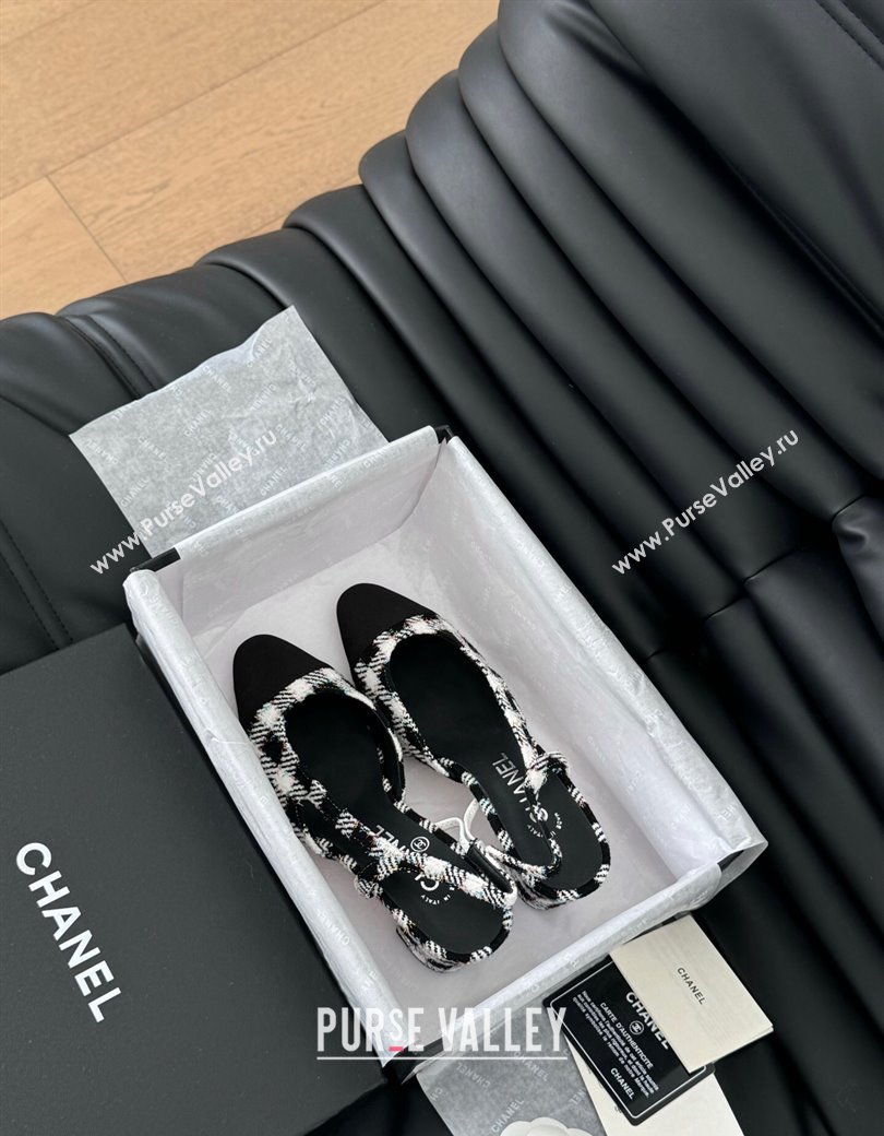 Chanel Check Fabric Grosgrain Slingback Pumps 6.5cm with Studs G31318 Black/White 2024 0103 (MD-250103108)