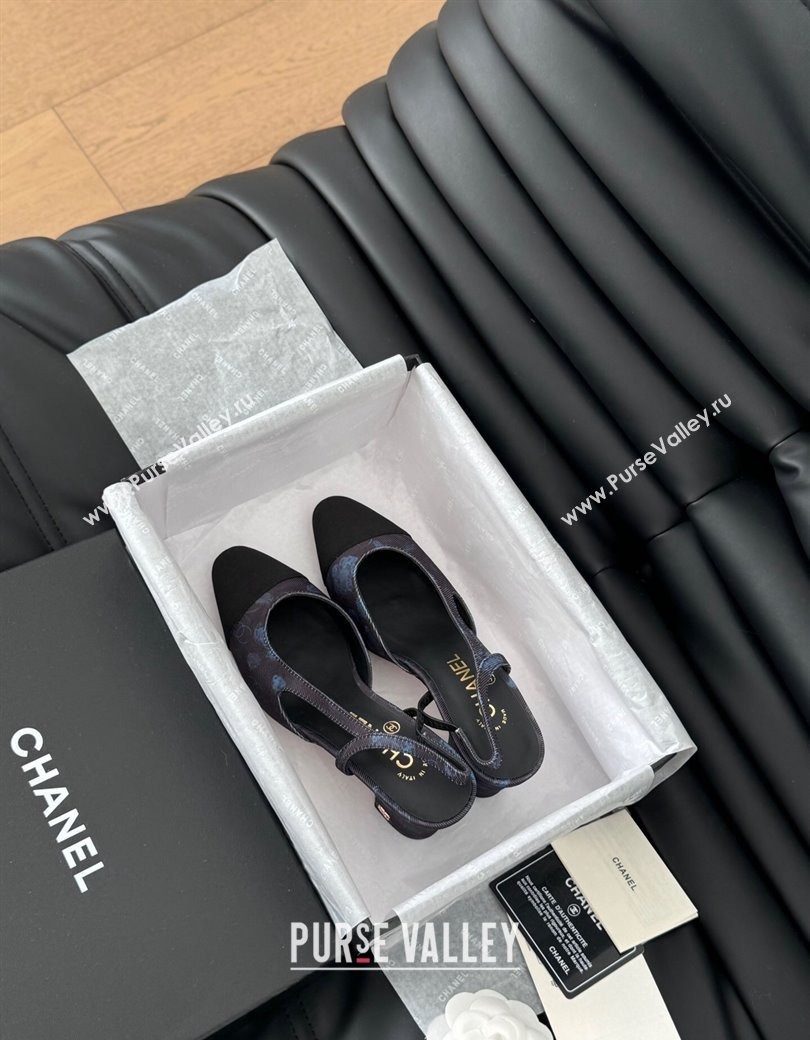 Chanel Printed Fabric Grosgrain Slingback Pumps 6.5cm with Studs G31318 Black/Blue 2024 0103 (MD-250103109)