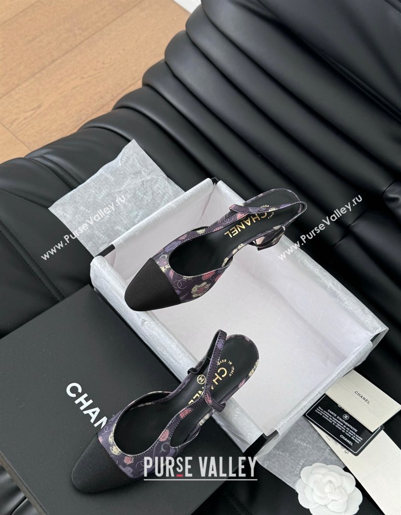 Chanel Printed Fabric Grosgrain Slingback Pumps 6.5cm with Studs G31318 Black/Pink 2024 0103 (MD-250103110)