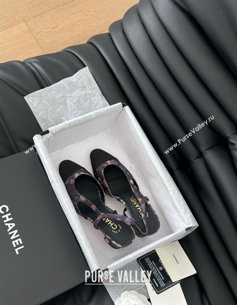 Chanel Printed Fabric Grosgrain Slingback Pumps 6.5cm with Studs G31318 Black/Pink 2024 0103 (MD-250103110)