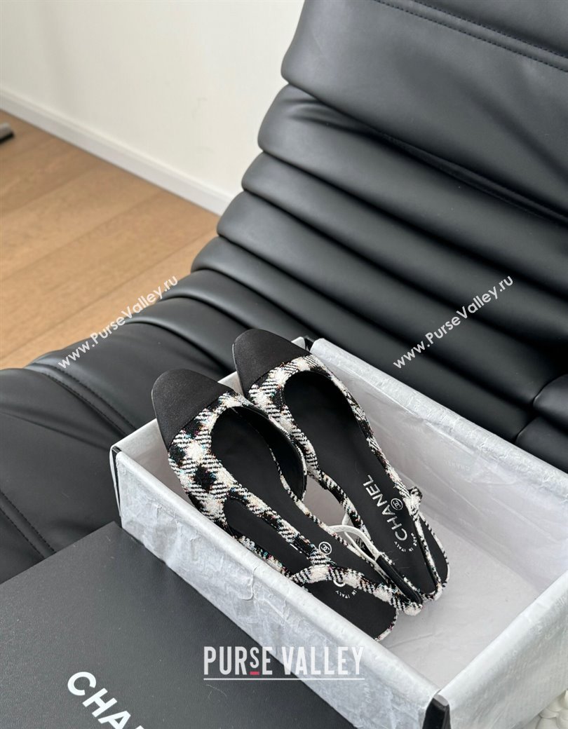 Chanel Check Fabric Grosgrain Slingbacks Flats G31319 Black/White 2025 0103 (MD-250103117)